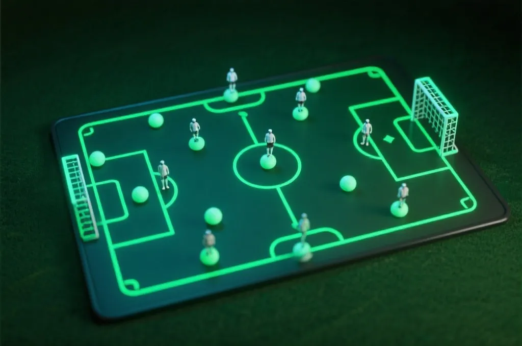 A professional soccer tactical board with digital analytics overlay, glowing green lines, and player positions represented by abstract dots, 3d render, modern editorial style